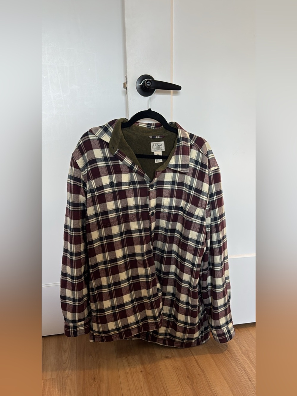 L.L. Bean Men's Burgundy and Cream Plaid Button-Down Shirt